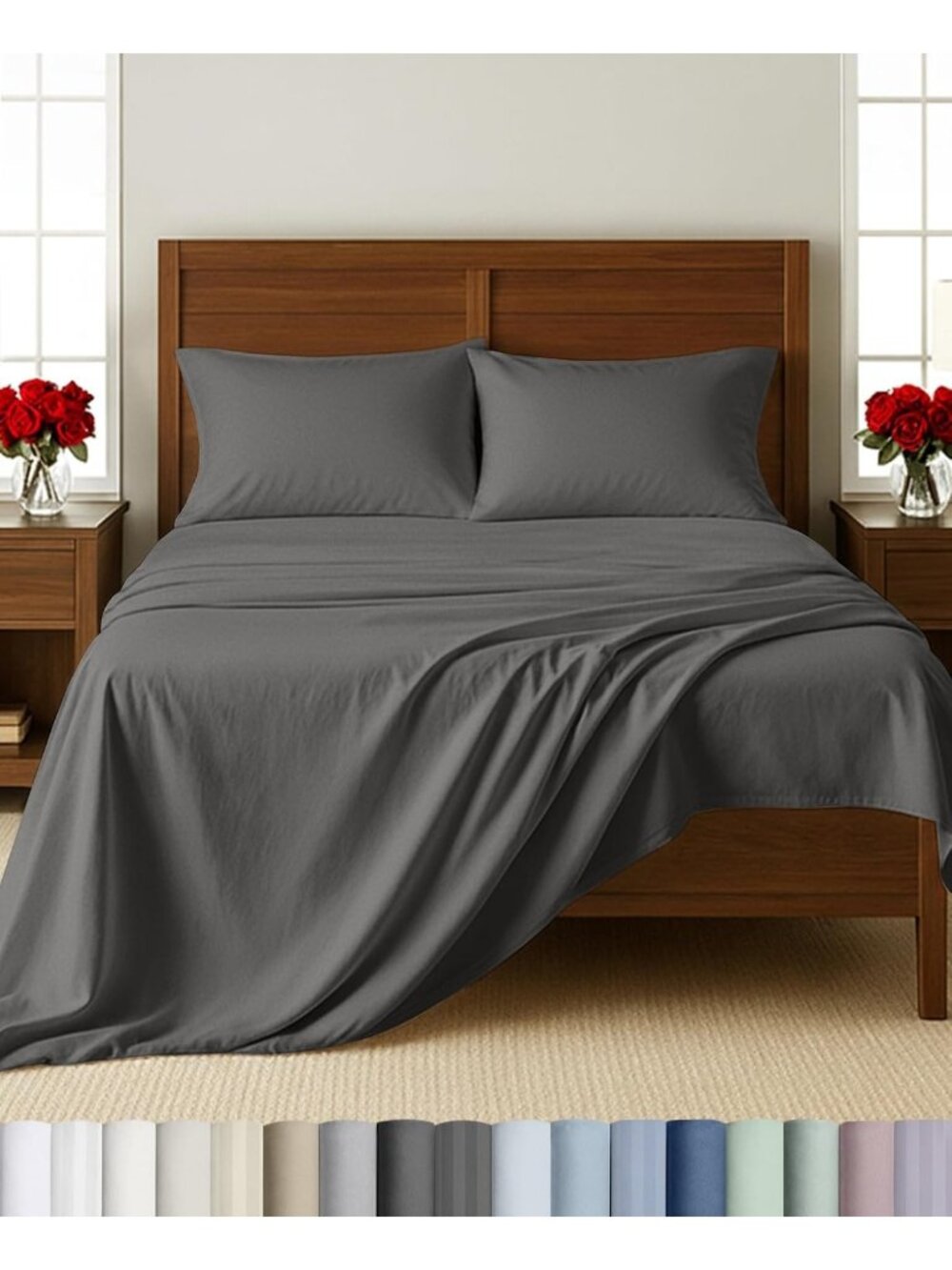 Luxurious 100% Cotton Sateen Twin Sheet Set, 3 Pieces, Dark Grey - Soft